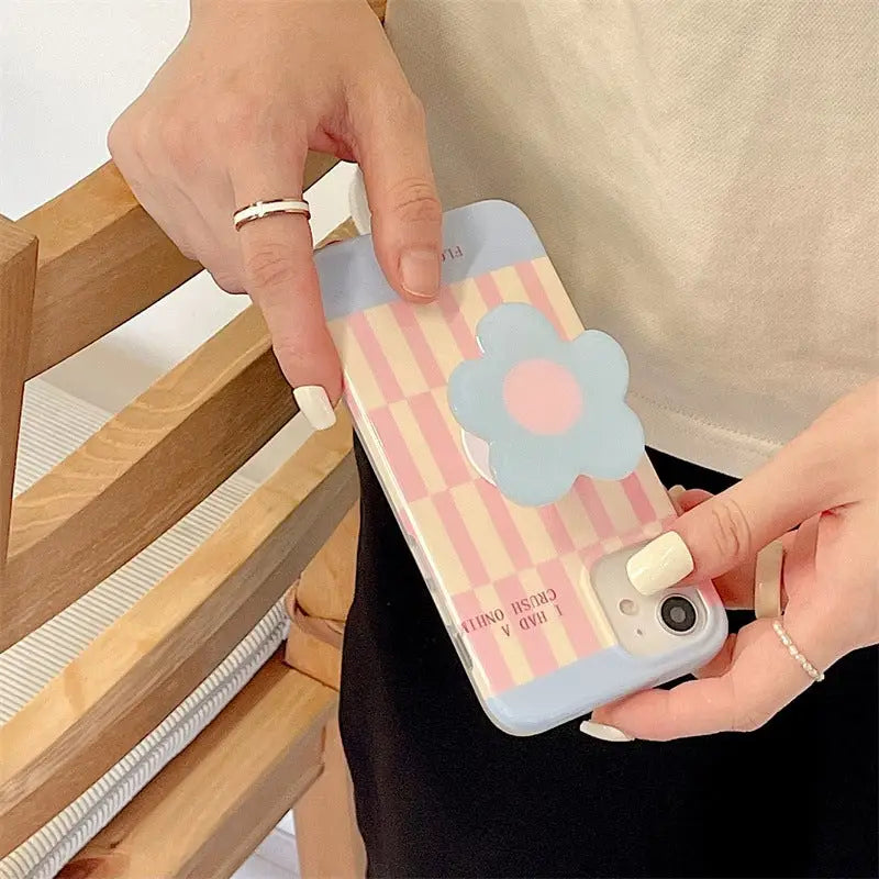 Blue Pink Grid Printing With Flower Holder iPhone Case BP308