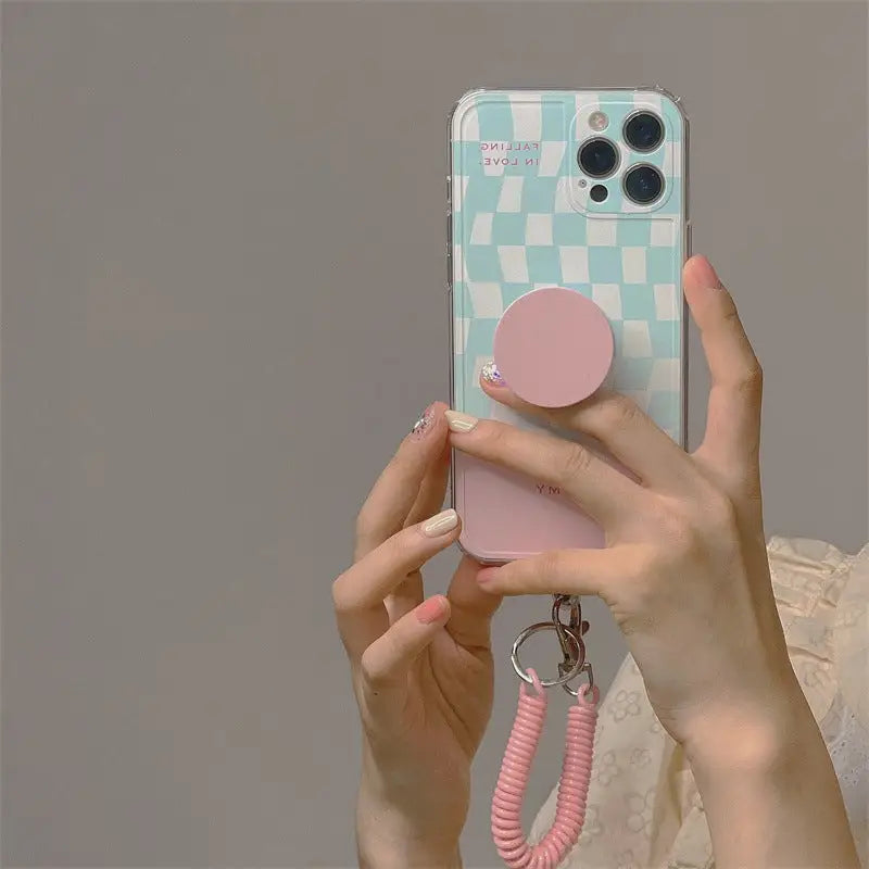 Blue Pink Grid Printing With Stretchy Chain iPhone Case 