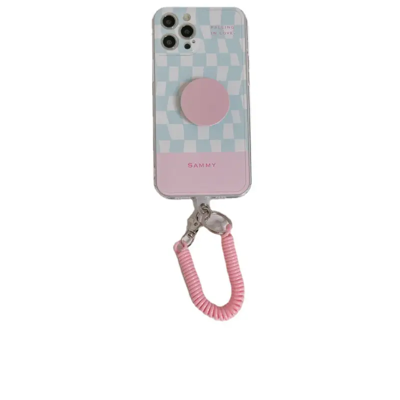 Blue Pink Grid Printing With Stretchy Chain iPhone Case 