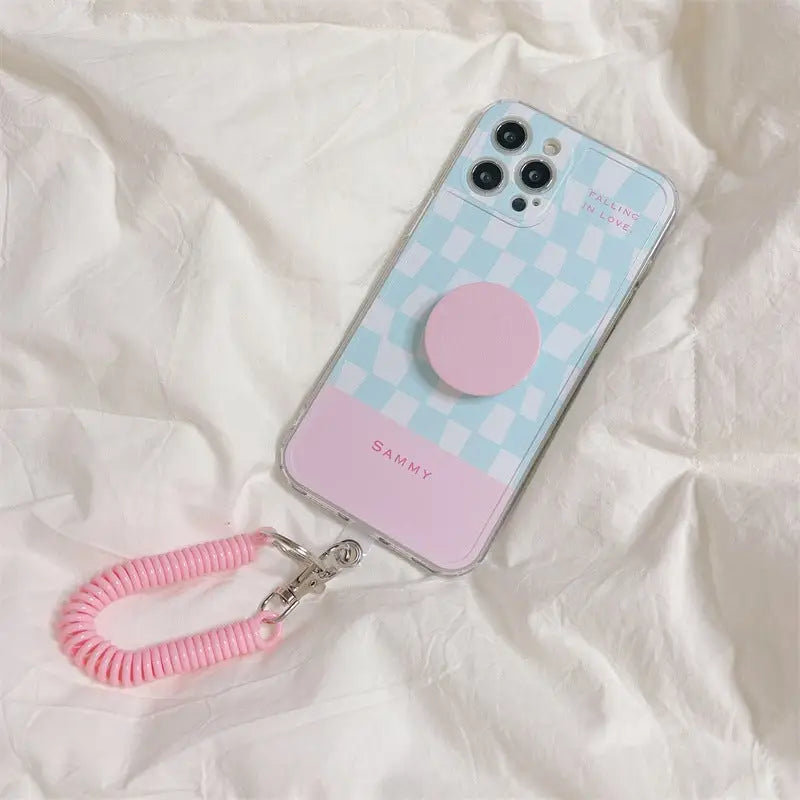 Blue Pink Grid Printing With Stretchy Chain iPhone Case 