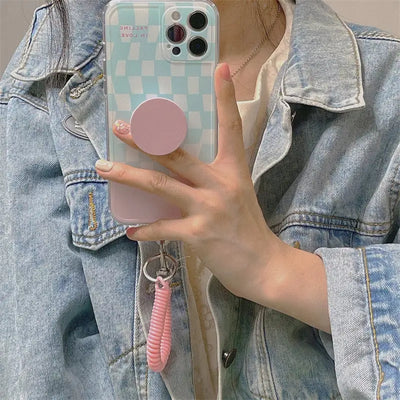 Blue Pink Grid Printing With Stretchy Chain iPhone Case 