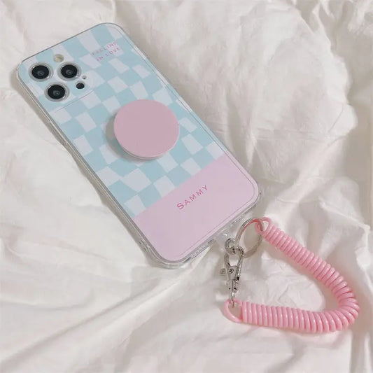 Blue Pink Grid Printing With Stretchy Chain iPhone Case 