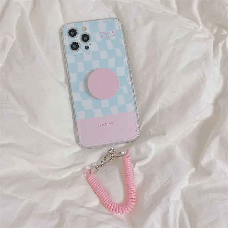 Blue Pink Grid Printing With Stretchy Chain iPhone Case 