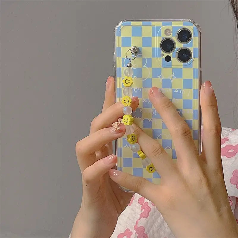Blue Yellow Grid Printing With Smiley Flower Chain iPhone 
