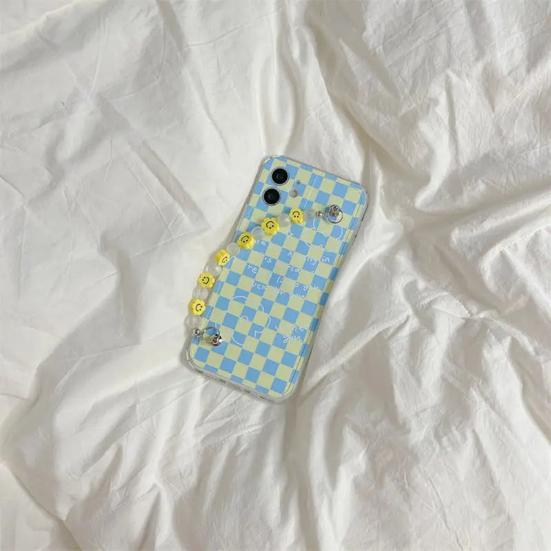 Blue Yellow Grid Printing With Smiley Flower Chain iPhone 