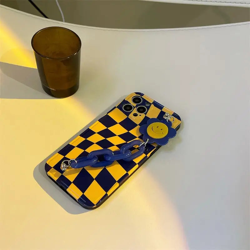 Blue Yellow Grid Printing With Smiley Flower Holder iPhone 