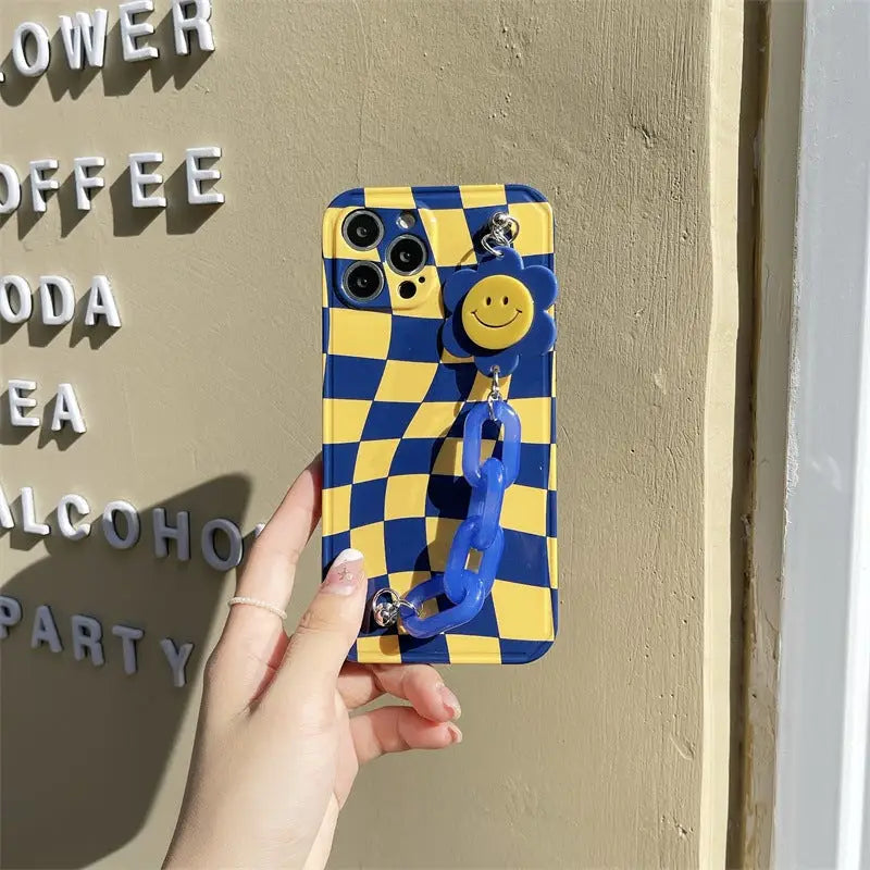 Blue Yellow Grid Printing With Smiley Flower Holder iPhone 