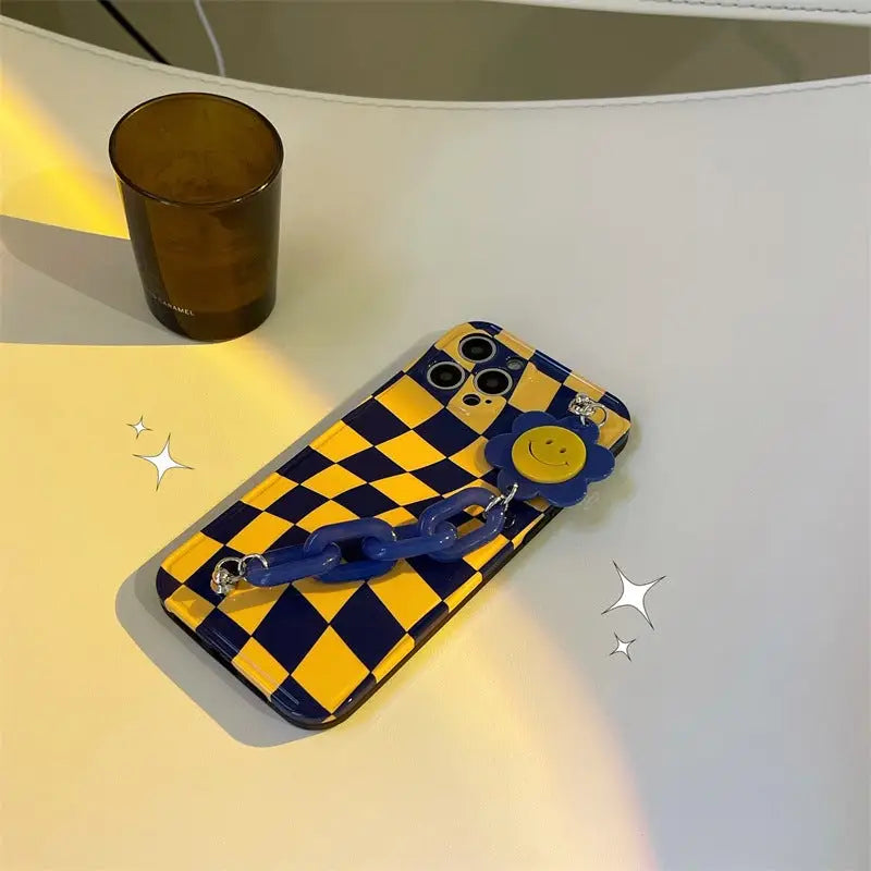 Blue Yellow Grid Printing With Smiley Flower Holder iPhone 