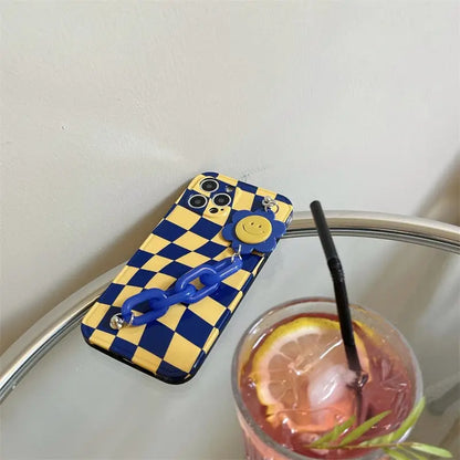 Blue Yellow Grid Printing With Smiley Flower Holder iPhone 