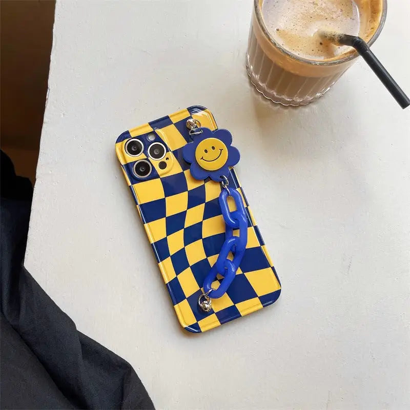 Blue Yellow Grid Printing With Smiley Flower Holder iPhone 
