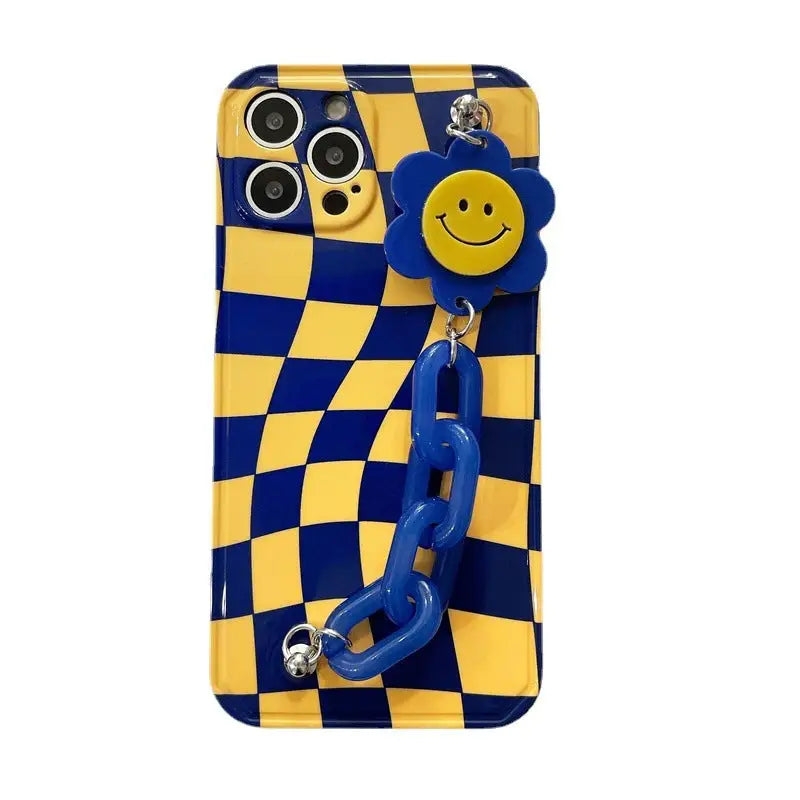 Blue Yellow Grid Printing With Smiley Flower Holder iPhone 