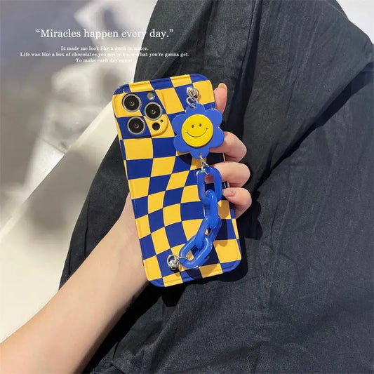 Blue Yellow Grid Printing With Smiley Flower Holder iPhone 