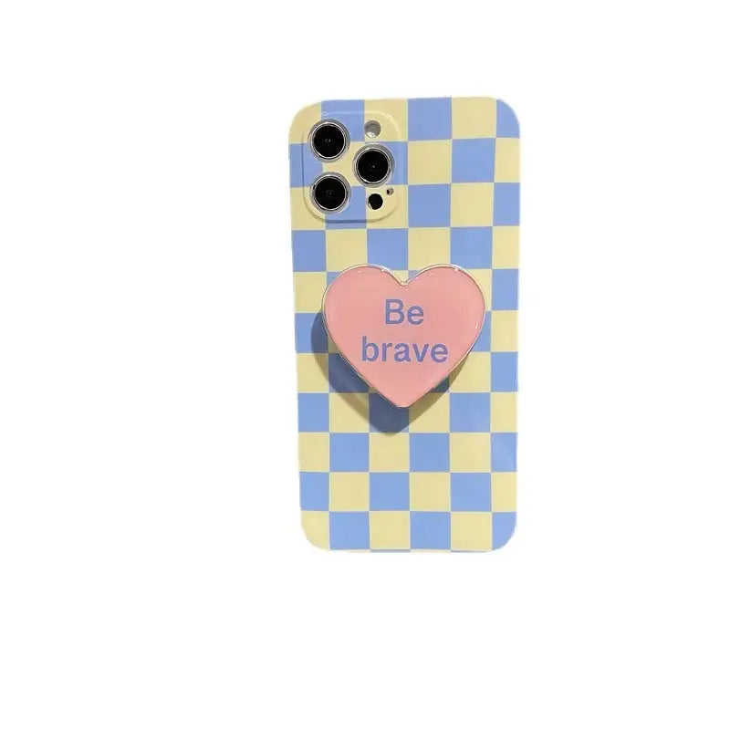Blue Yellow Grid With Be Brave Heart Holder iPhone Case 