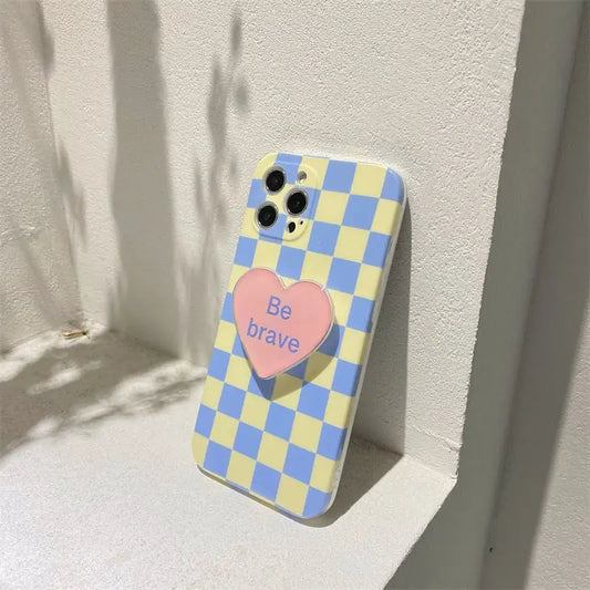 Blue Yellow Grid With Be Brave Heart Holder iPhone Case 