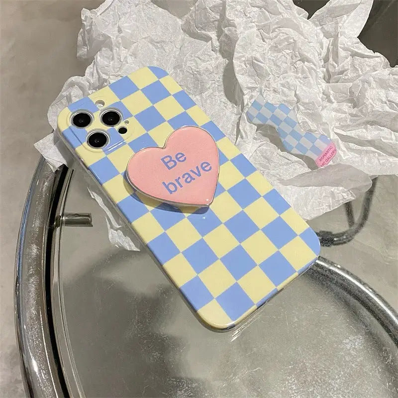 Blue Yellow Grid With Be Brave Heart Holder iPhone Case 