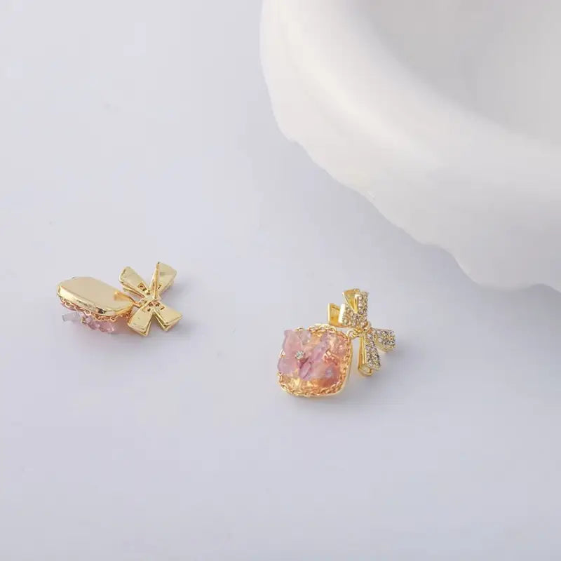 Bow Faux Crystal Alloy Dangle Earring TY86 - Pink & Gold / 