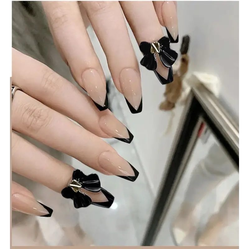 Bow Faux Nail Tips - Glue / Black & Nude - Nail Art