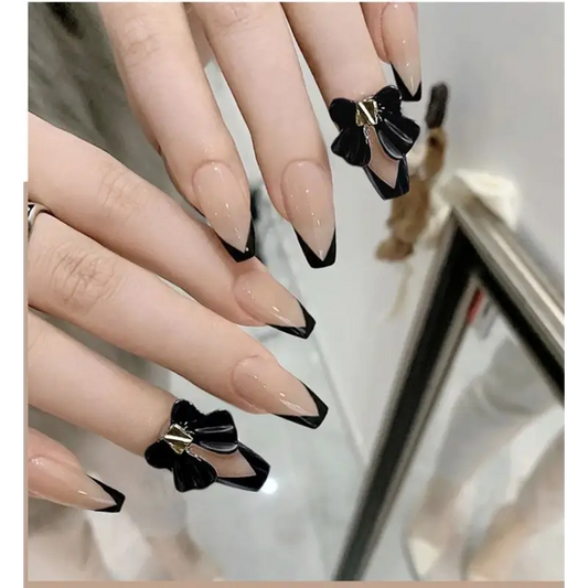 Bow Faux Nail Tips - Glue / Black & Nude - Nail Art