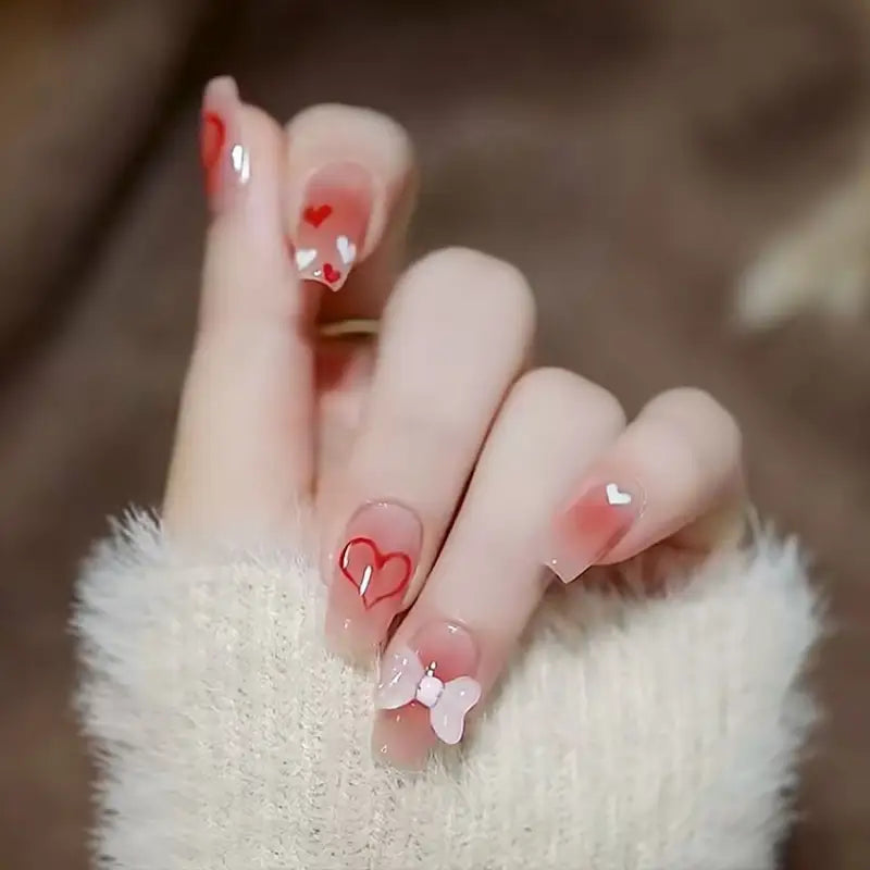 Bow Heart Faux Nail Tips - Glue / Pink - Nail Art