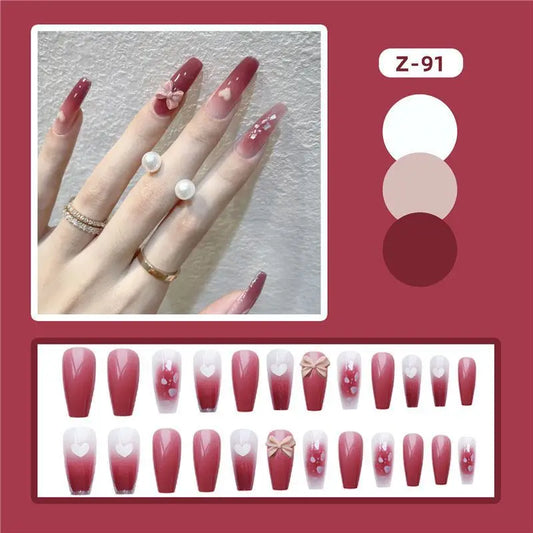 Bow Heart Pointed Faux Nail Tips - 91 / Glue - Nail Art