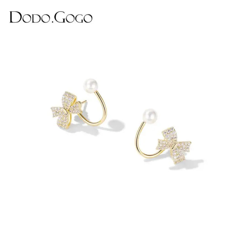 Bow Rhinestone Faux Pearl Alloy Earring Wd66 - Gold / One 