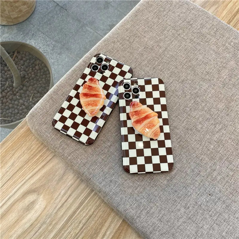 Brown Grid Printing With Croissant Holder iPhone Case BP278 
