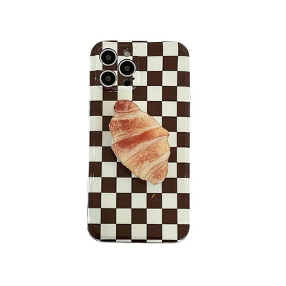 Brown Grid Printing With Croissant Holder iPhone Case BP278 