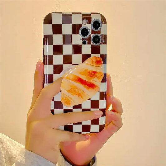 Brown Grid Printing With Croissant Holder iPhone Case BP278 