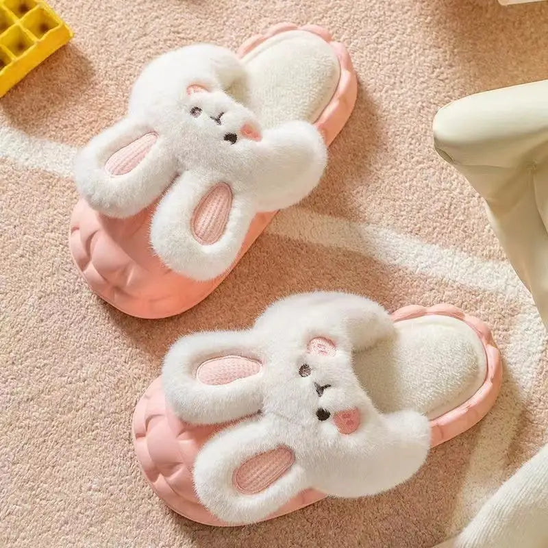 Bunny Rabbit Winter Fluffy Home Slippers W368 - Pink rabbit 