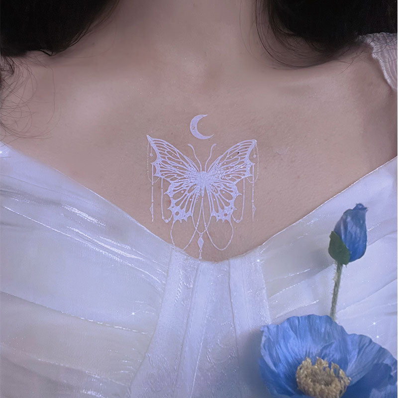 Sweet White Moon Butterfly Flower Tattoo Sticker MK Kawaii Store