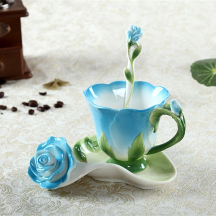 3D Rose Coffee Tea Cup and Saucer Spoon - Pink Pink