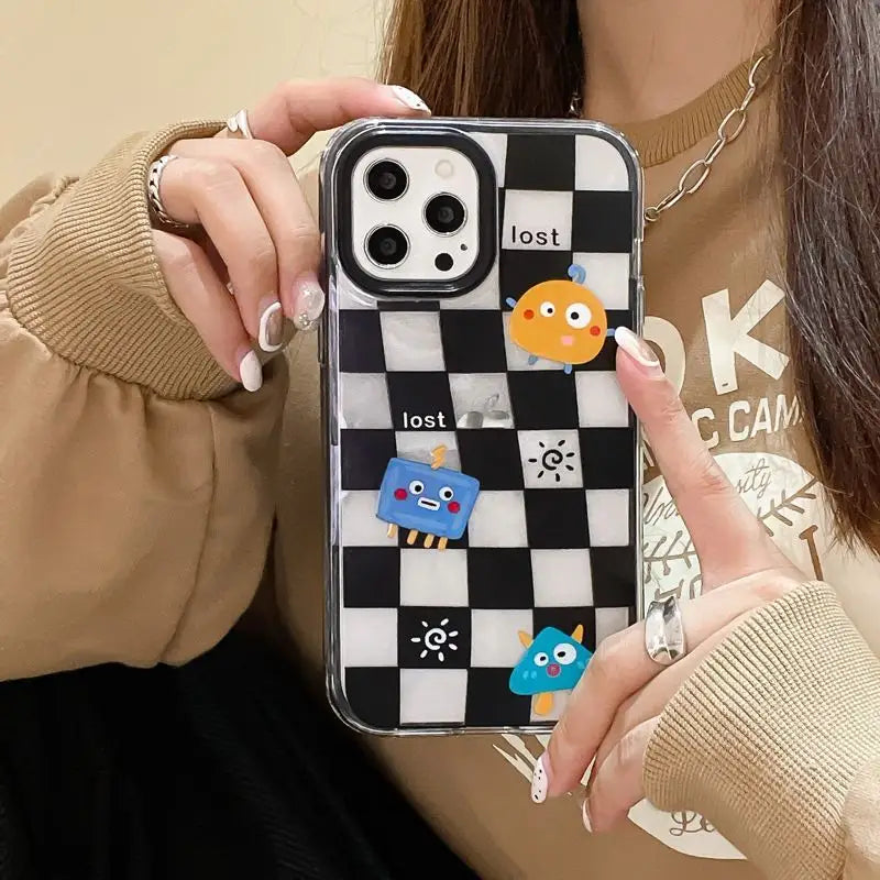 Cartoon Checker Transparent Phone Case - iPhone 13 Pro Max / 13 Pro / 13 / 13 mini / 12 Pro Max / 12 Pro / 12 / 12 mini / 11 Pro Max / 11 Pro / 11 / SE / XS Max / XS / XR / X / SE 2 / 8 / 8 Plus / 7 / 7 Plus-4