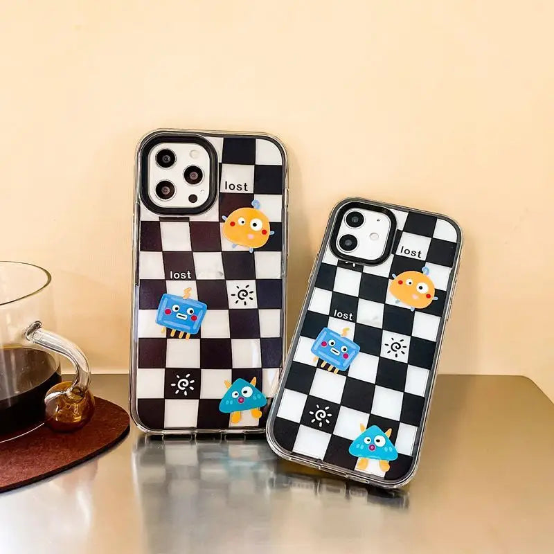 Cartoon Checker Transparent Phone Case - iPhone 13 Pro Max / 13 Pro / 13 / 13 mini / 12 Pro Max / 12 Pro / 12 / 12 mini / 11 Pro Max / 11 Pro / 11 / SE / XS Max / XS / XR / X / SE 2 / 8 / 8 Plus / 7 / 7 Plus-7