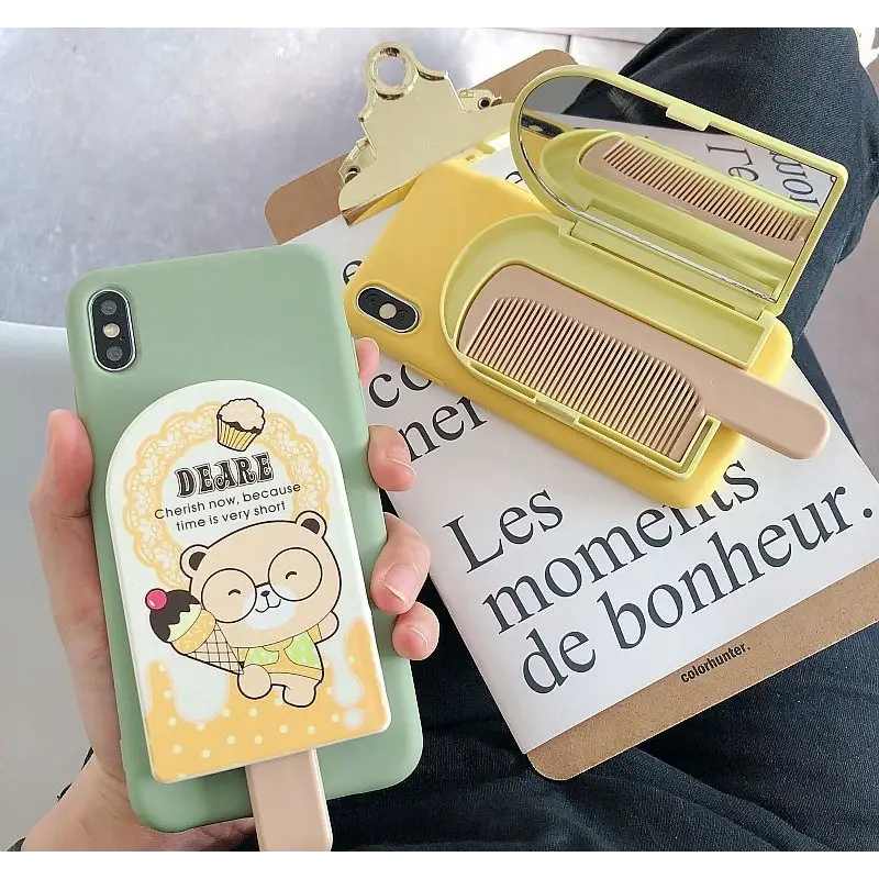 Cartoon Print Mirrored Phone Case with Hair Comb - iPhone 11 Pro Max / 11 Pro / 11 / SE / XS Max / XS / XR / X / SE 2 / 8 / 8 Plus / 7 / 7 Plus-2