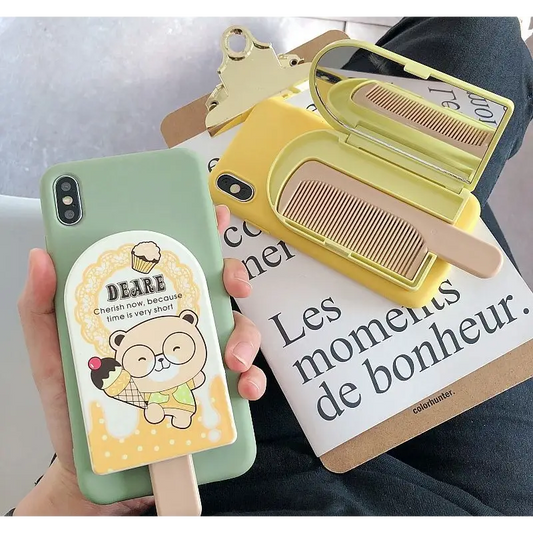 Cartoon Print Mirrored Phone Case with Hair Comb - iPhone 11 Pro Max / 11 Pro / 11 / SE / XS Max / XS / XR / X / SE 2 / 8 / 8 Plus / 7 / 7 Plus-2
