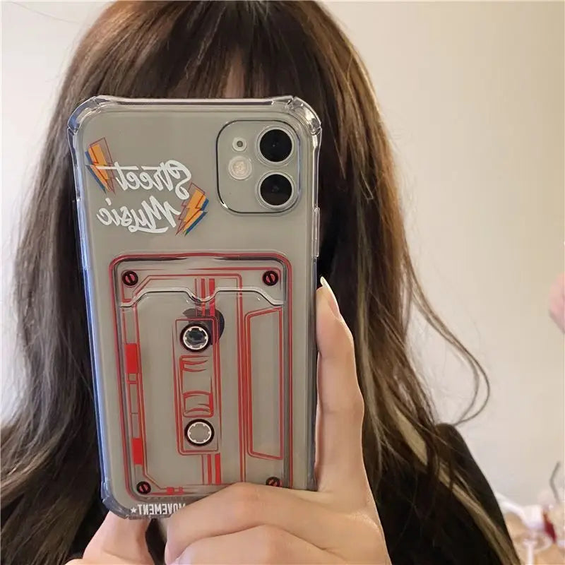 Cassette Print Card Holder Transparent Phone Case - iPhone 