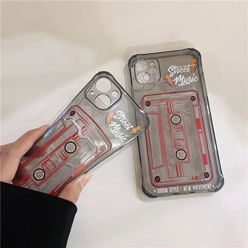 Cassette Print Card Holder Transparent Phone Case - iPhone 