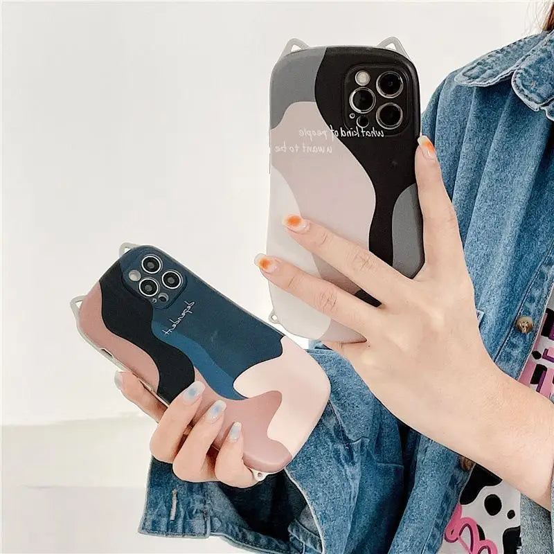 Cat Ear Color Block Phone Case - iPhone 13 Pro Max / 13 Pro / 13 / 12 Pro Max / 12 Pro / 12 / 11 Pro Max / 11 Pro / 11 / XS Max / XR / XS / X / 8 Plus / 7 Plus / Huawei-4
