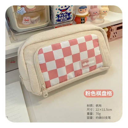 Checker Canvas Pencil Case With Brooch (Various Designs) 