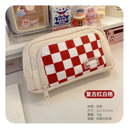 Checker Canvas Pencil Case With Brooch (Various Designs) 