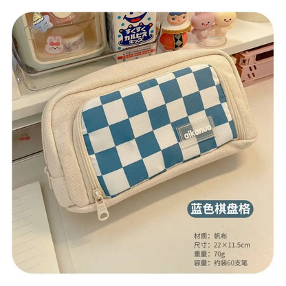 Checker Canvas Pencil Case With Brooch (Various Designs) 