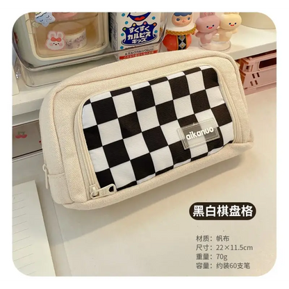 Checker Canvas Pencil Case With Brooch (Various Designs) 