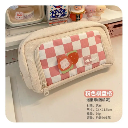 Checker Canvas Pencil Case With Brooch (Various Designs) 