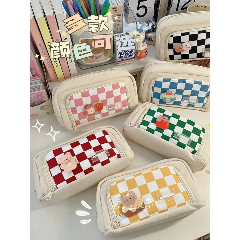 Checker Canvas Pencil Case With Brooch (Various Designs) 