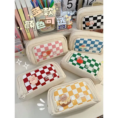 Checker Canvas Pencil Case With Brooch (Various Designs) 