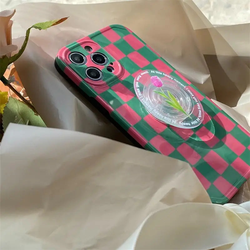 Checkerboard WithTulip Flower Holder iPhone Case BP278 - 