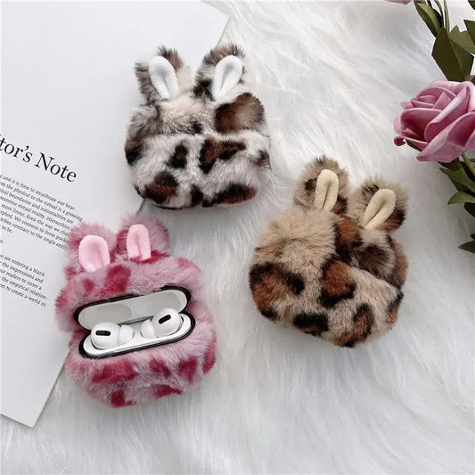 Chenille Leopard Print Rabbit Ear Airpods Earphone Case Cover-1