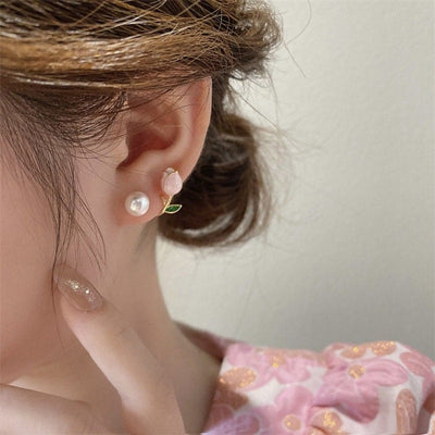 Chic Enamel Tulip Pearl Earrings
