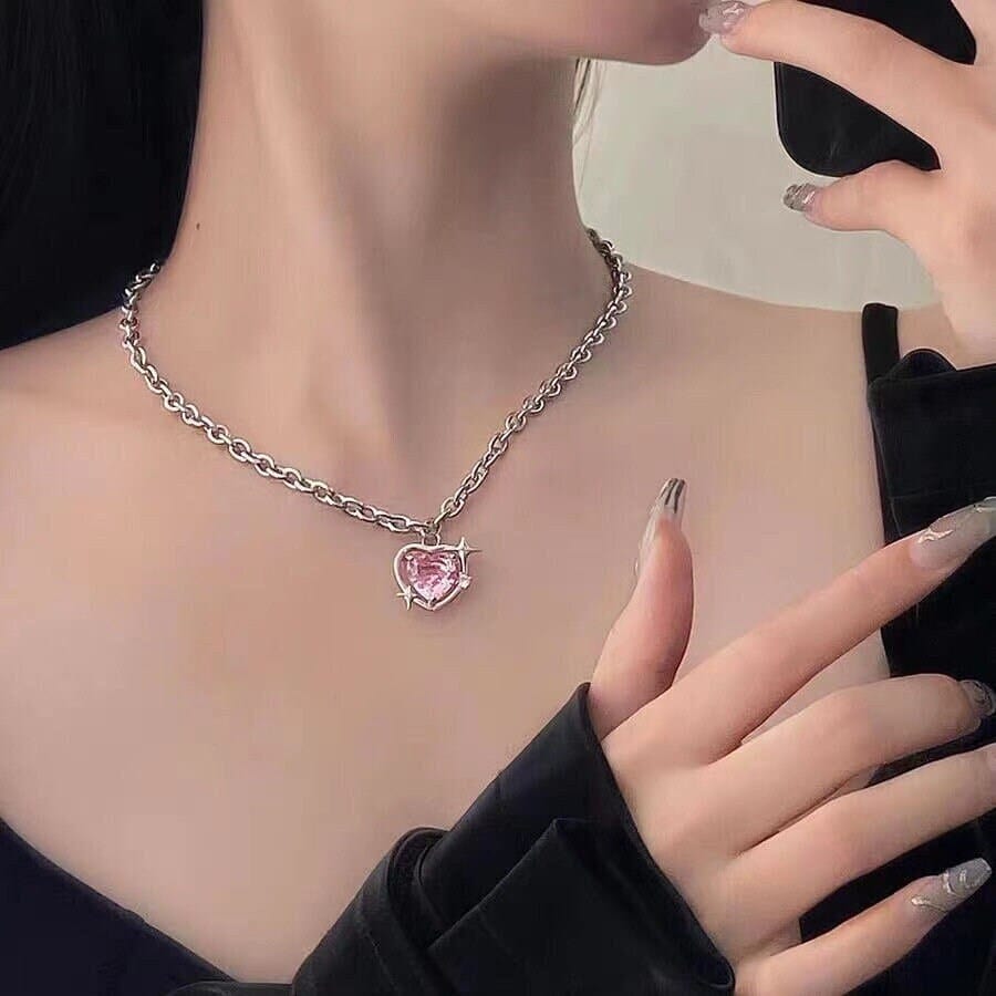 Chic Pink Rhinestone Heart Pendant Cable Chain Necklace W386 Wonderland Case
