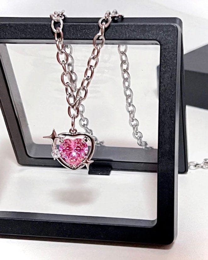 Chic Pink Rhinestone Heart Pendant Cable Chain Necklace W386 Wonderland Case